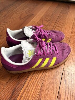 adidas Purple Suede Sneakers with Yellow Stripes